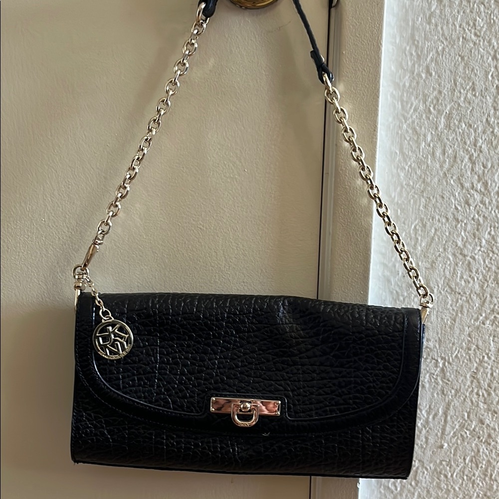 DKNY Black Textured Clutch with Chain Strap